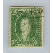 ARGENTINA 1864 GJ 23d ESTAMPILLA RIVADAVIA DE 10 CTs IMPRESION SEMINITIDA VARIEDAD PAPEL DELGADO DE PERFECTA CONDICION, RARO SELLO U$ 85